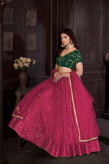 Dark Pink Net Embroidery , sequence . V-Neck Lehenga