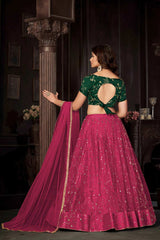 Dark Pink Net Embroidery , sequence . V-Neck Lehenga