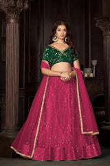 Dark Pink Net Embroidery , sequence . V-Neck Lehenga