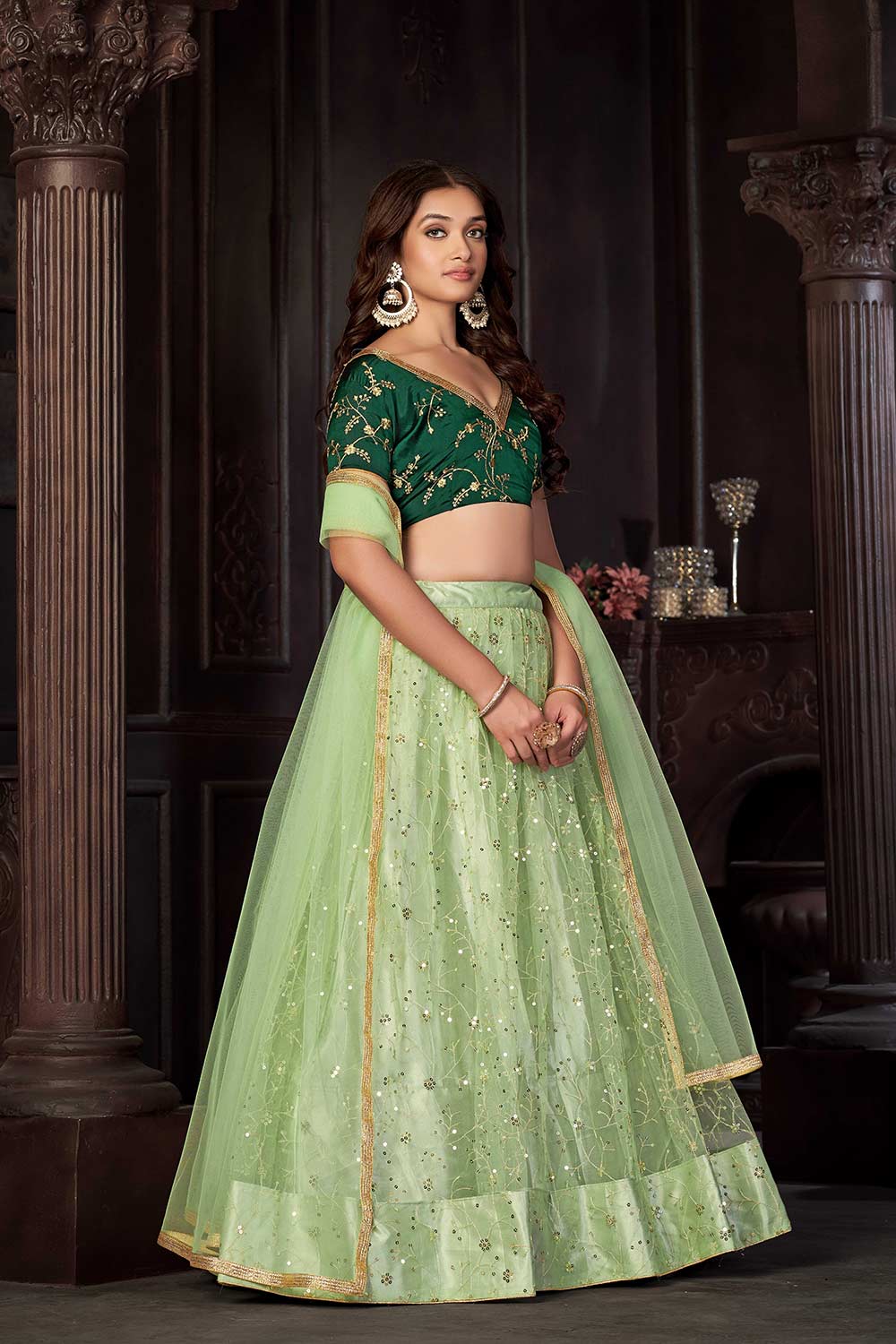 Pista Net Embroidery Round Neck Lehenga