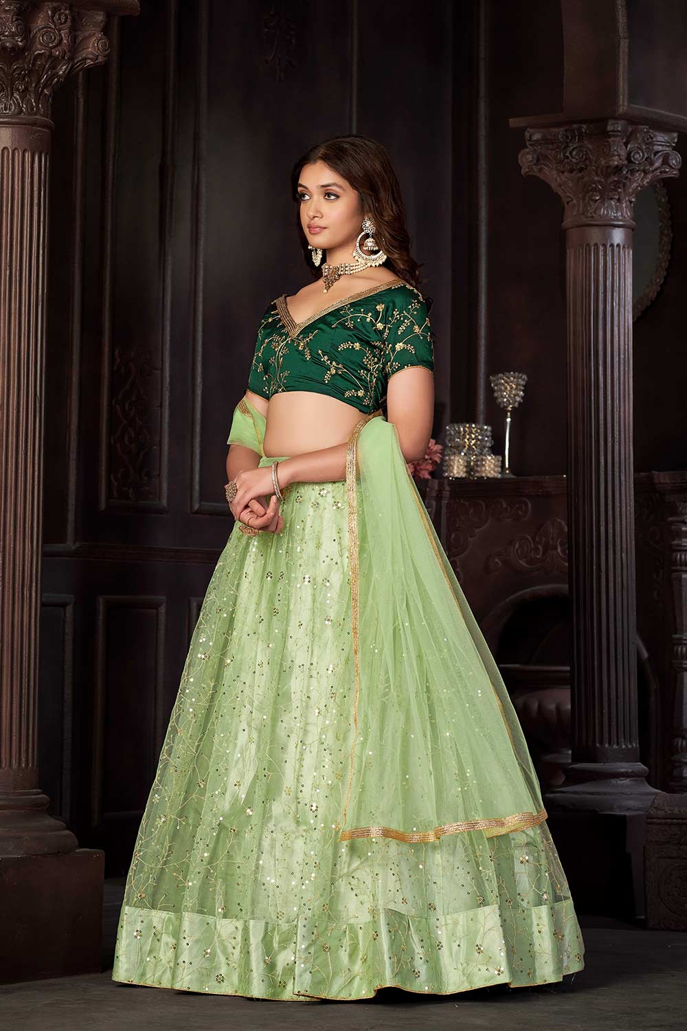 Pista Net Embroidery Round Neck Lehenga