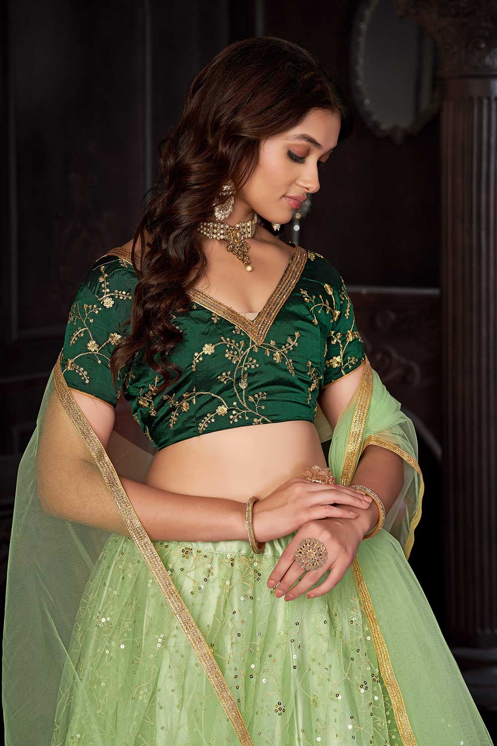 Pista Net Embroidery Round Neck Lehenga