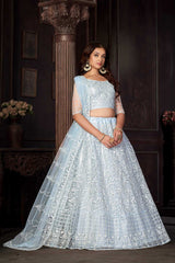 Light Sky Net Embroidery Round Neck Lehenga