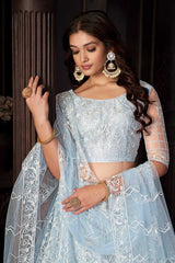 Light Sky Net Embroidery Round Neck Lehenga