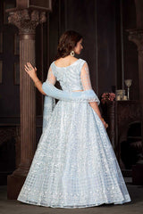 Light Sky Net Embroidery Round Neck Lehenga