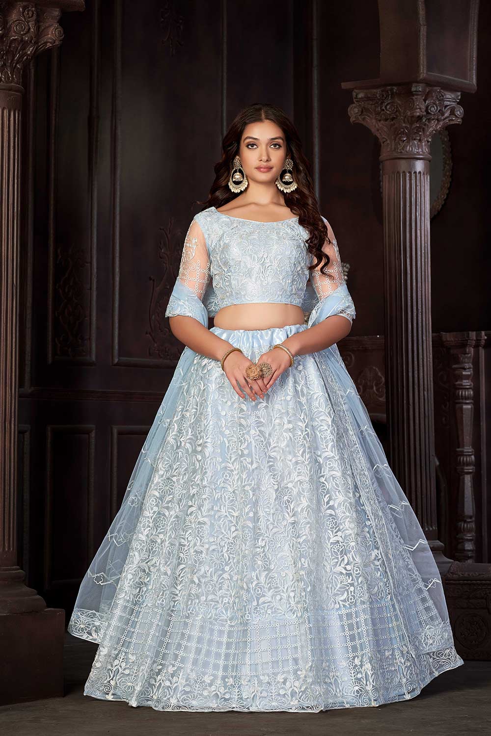 Light Sky Net Embroidery Round Neck Lehenga