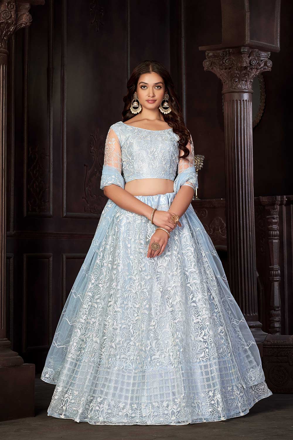 Light Sky Net Embroidery Round Neck Lehenga