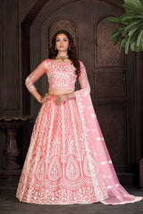 Peach Net Embroidery Round Neck Lehenga