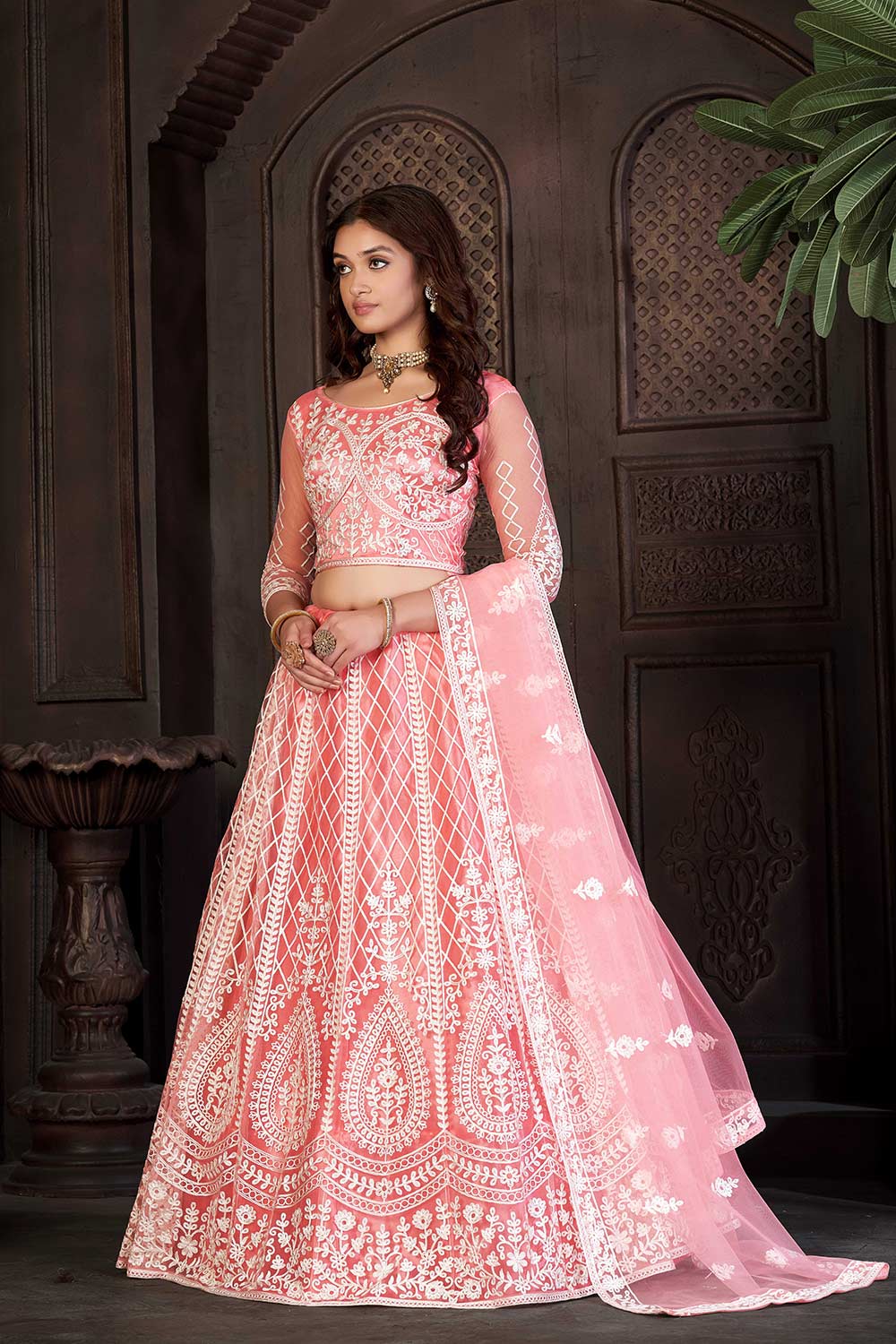 Peach Net Embroidery Round Neck Lehenga