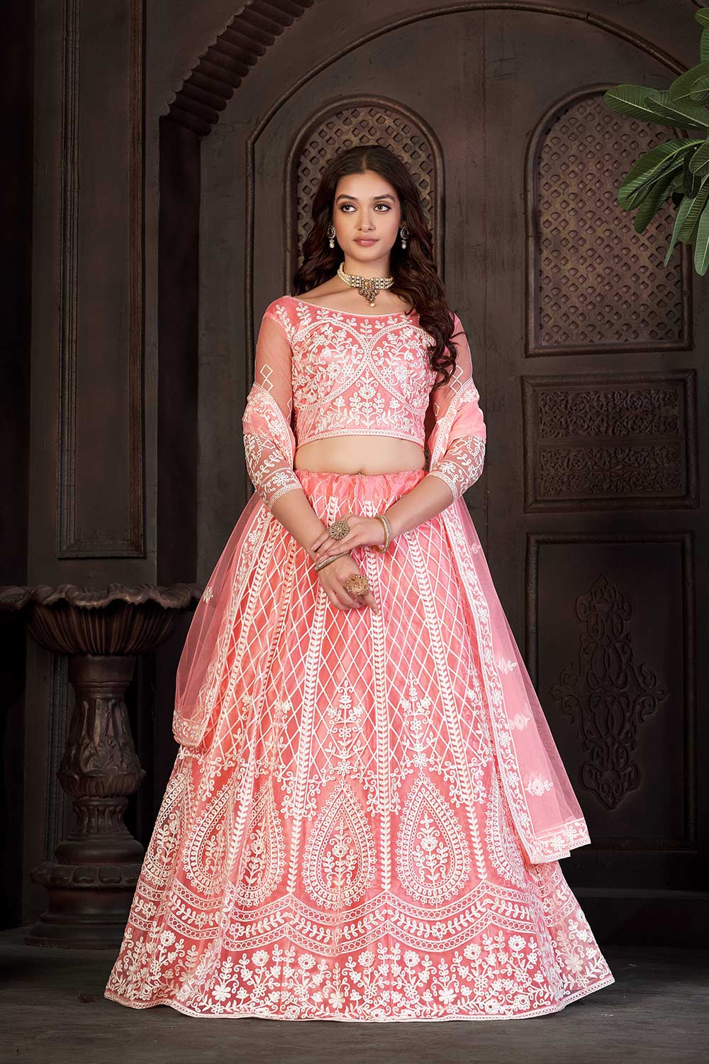 Peach Net Embroidery Round Neck Lehenga