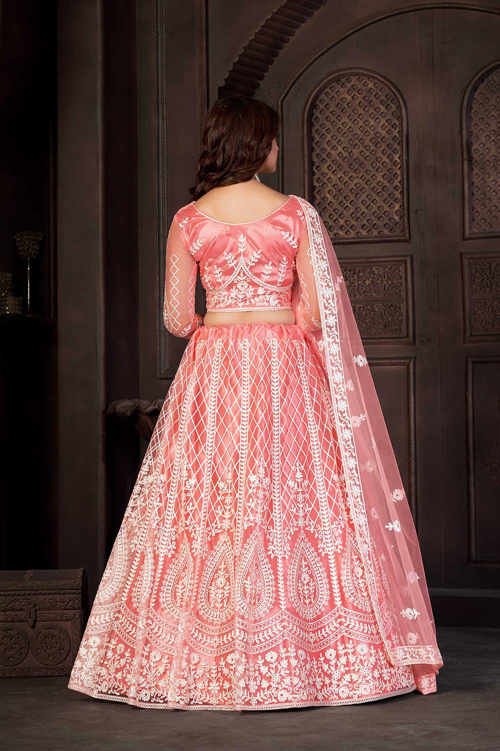 Peach Net Embroidery Round Neck Lehenga