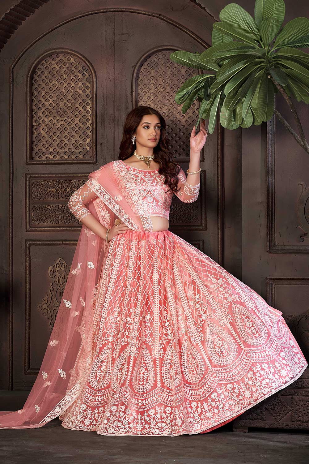 Peach Net Embroidery Round Neck Lehenga