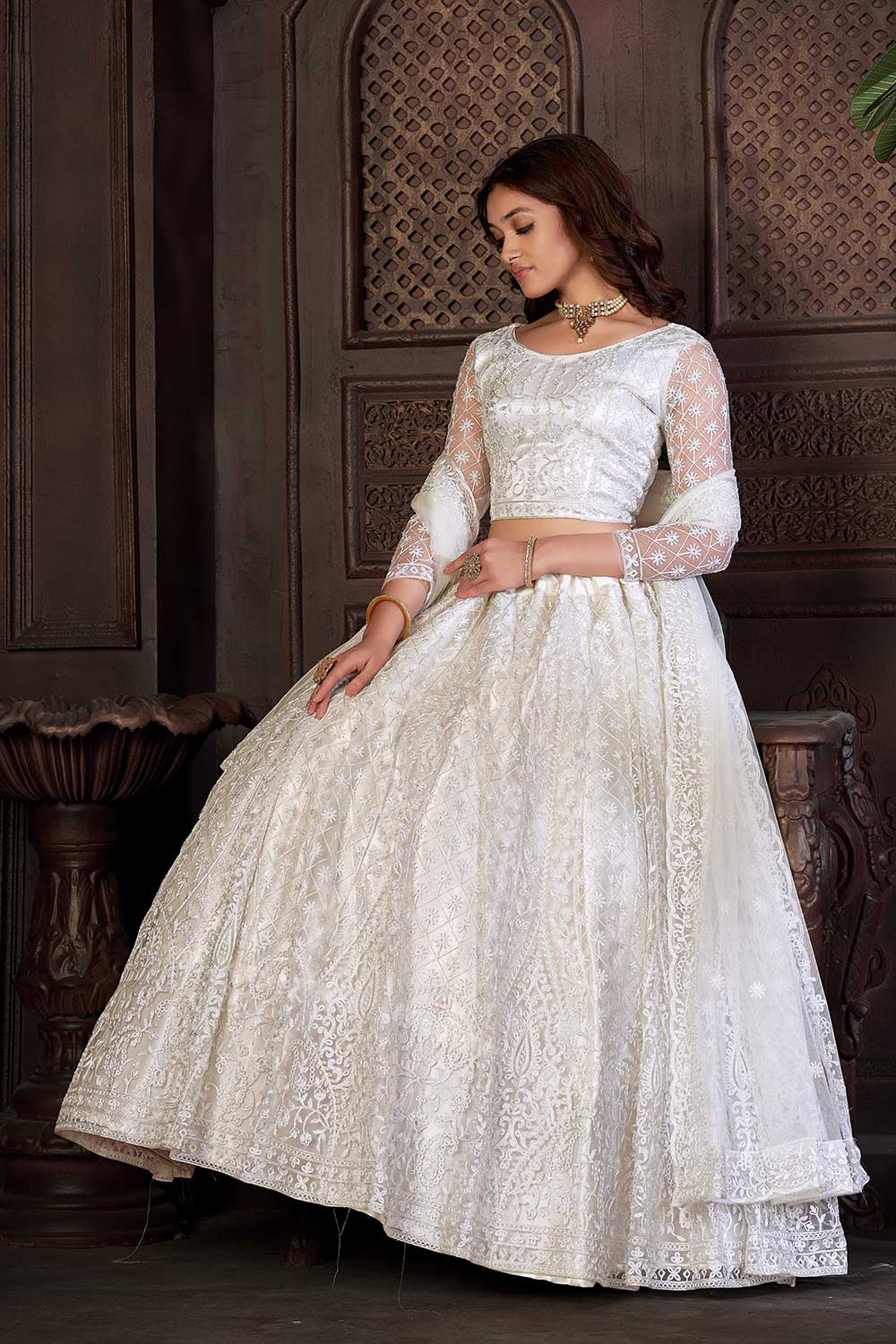 White Net Embroidery Round Neck Lehenga