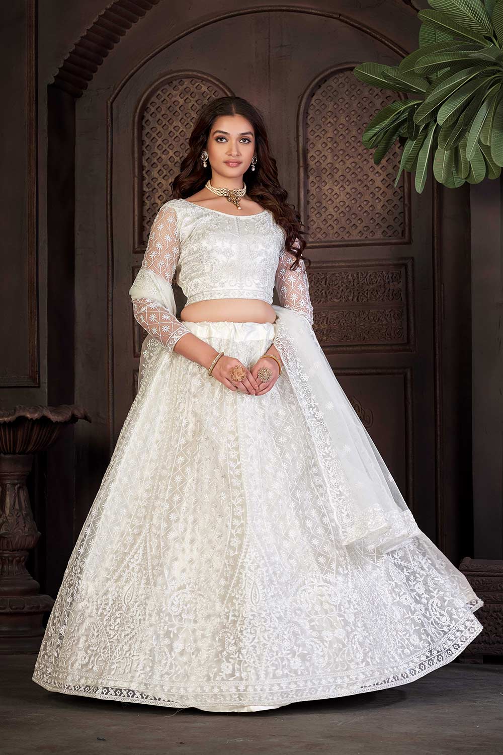 White Net Embroidery Round Neck Lehenga