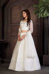 White Net Embroidery Round Neck Lehenga