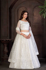 White Net Embroidery Round Neck Lehenga