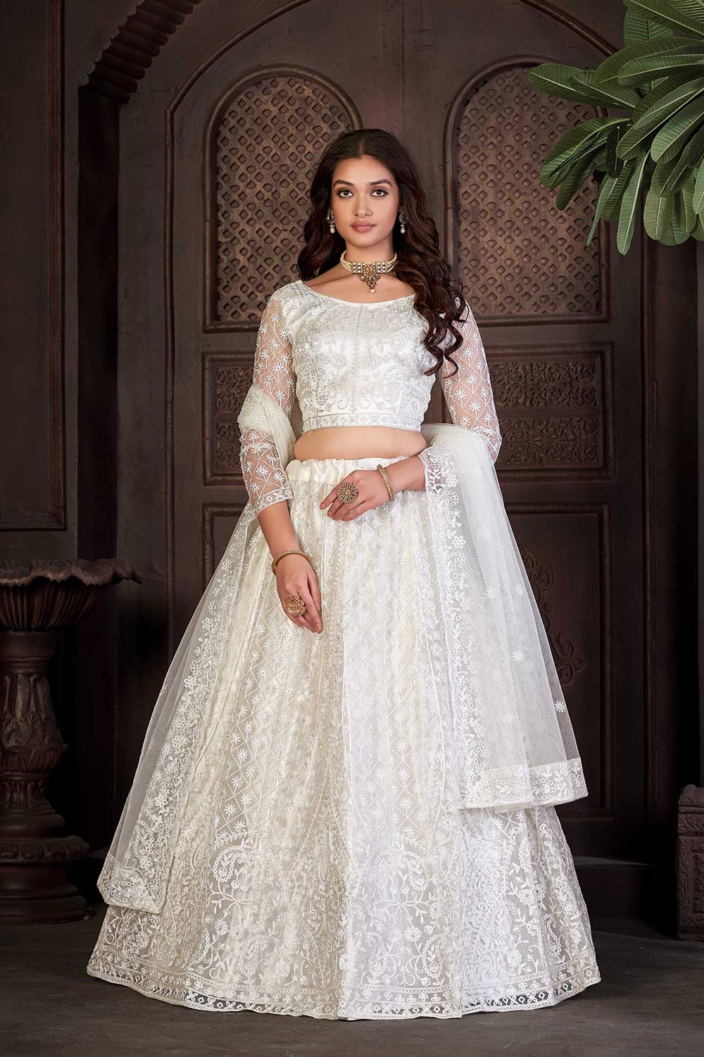 White Net Embroidery Round Neck Lehenga