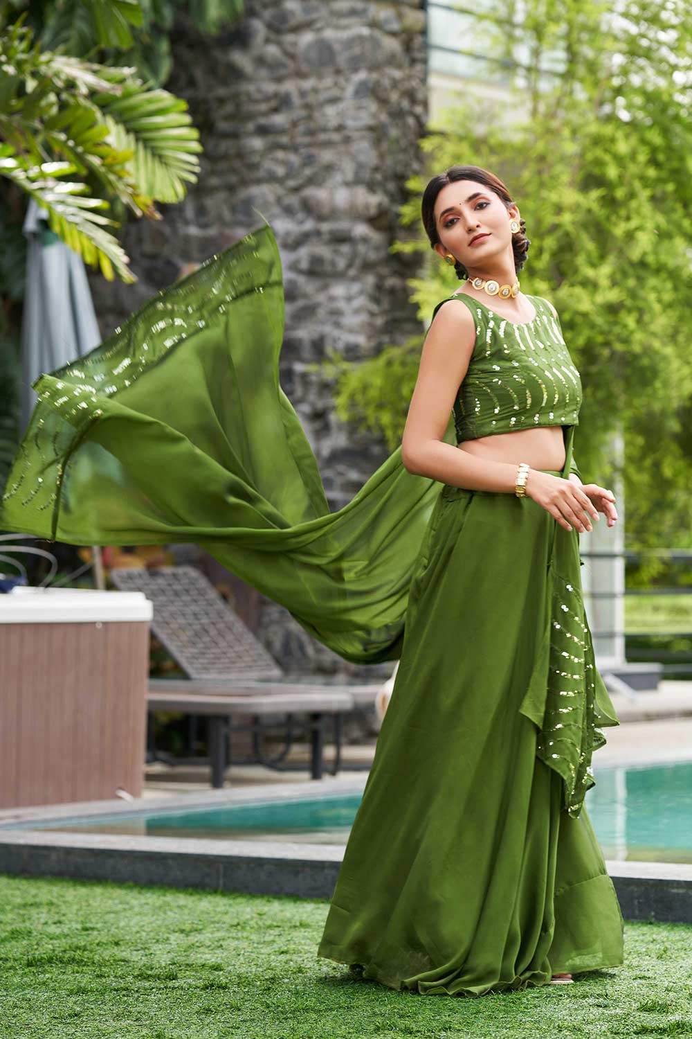 Green Rangolisilk Embroidery Round Neck Lehenga