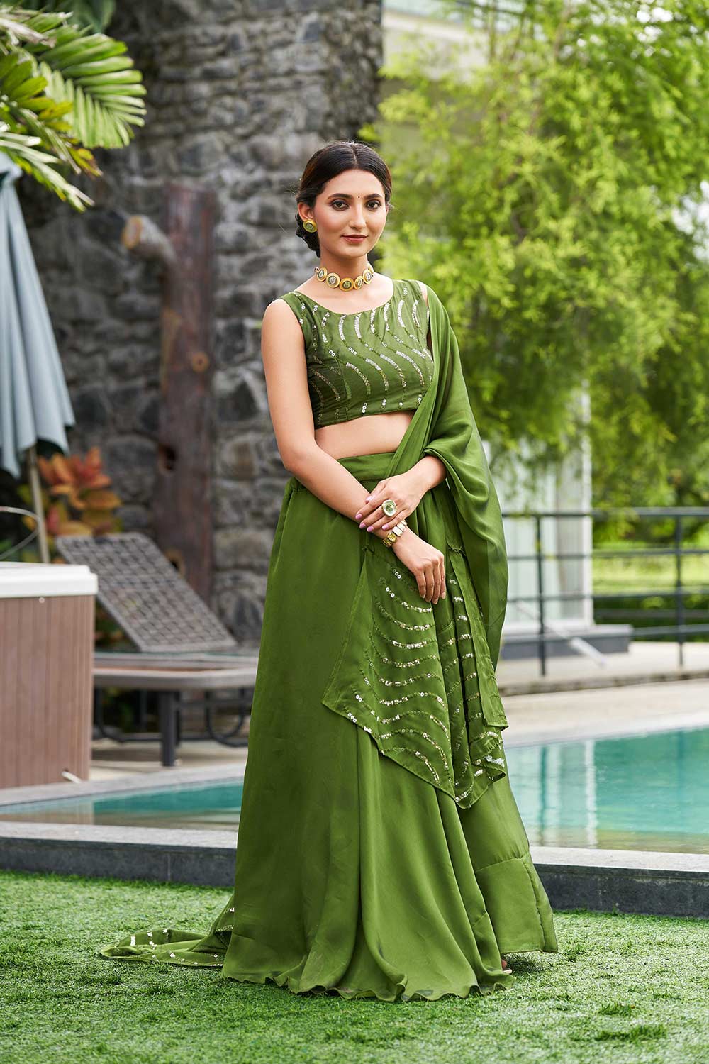 Green Rangolisilk Embroidery Round Neck Lehenga