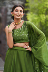 Green Rangolisilk Embroidery Round Neck Lehenga