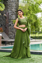 Green Rangolisilk Embroidery Round Neck Lehenga