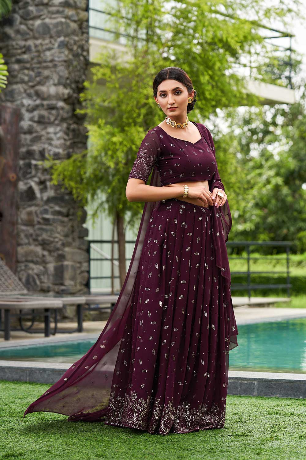 Purple Georgette Embroidery Round Neck Lehenga