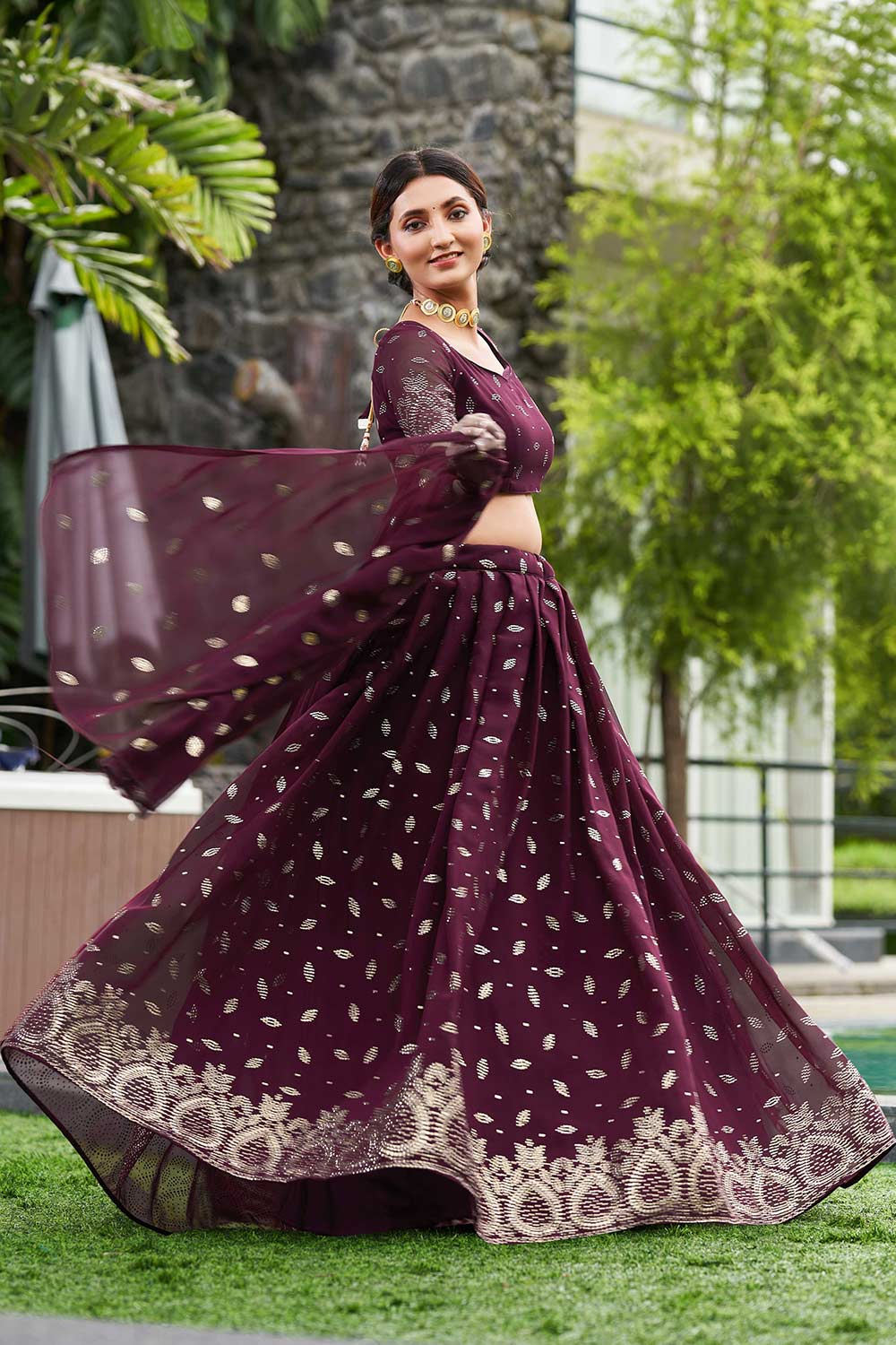 Purple Georgette Embroidery Round Neck Lehenga