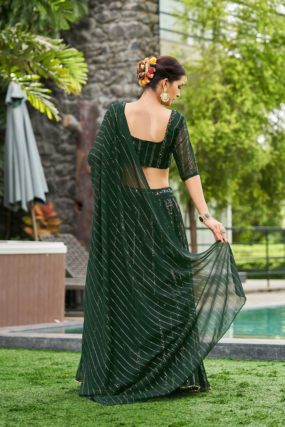 Green Georgette Embroidery Round Neck Lehenga