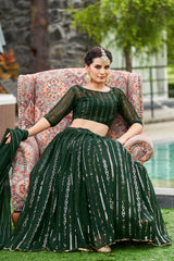 Green Georgette Embroidery Round Neck Lehenga