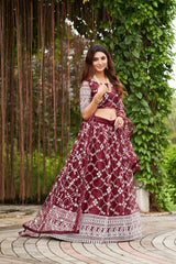 Maroon Net Embroidery Round Neck Lehenga