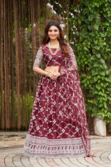 Maroon Net Embroidery Round Neck Lehenga