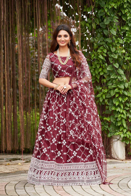 Maroon Net Embroidery Round Neck Lehenga