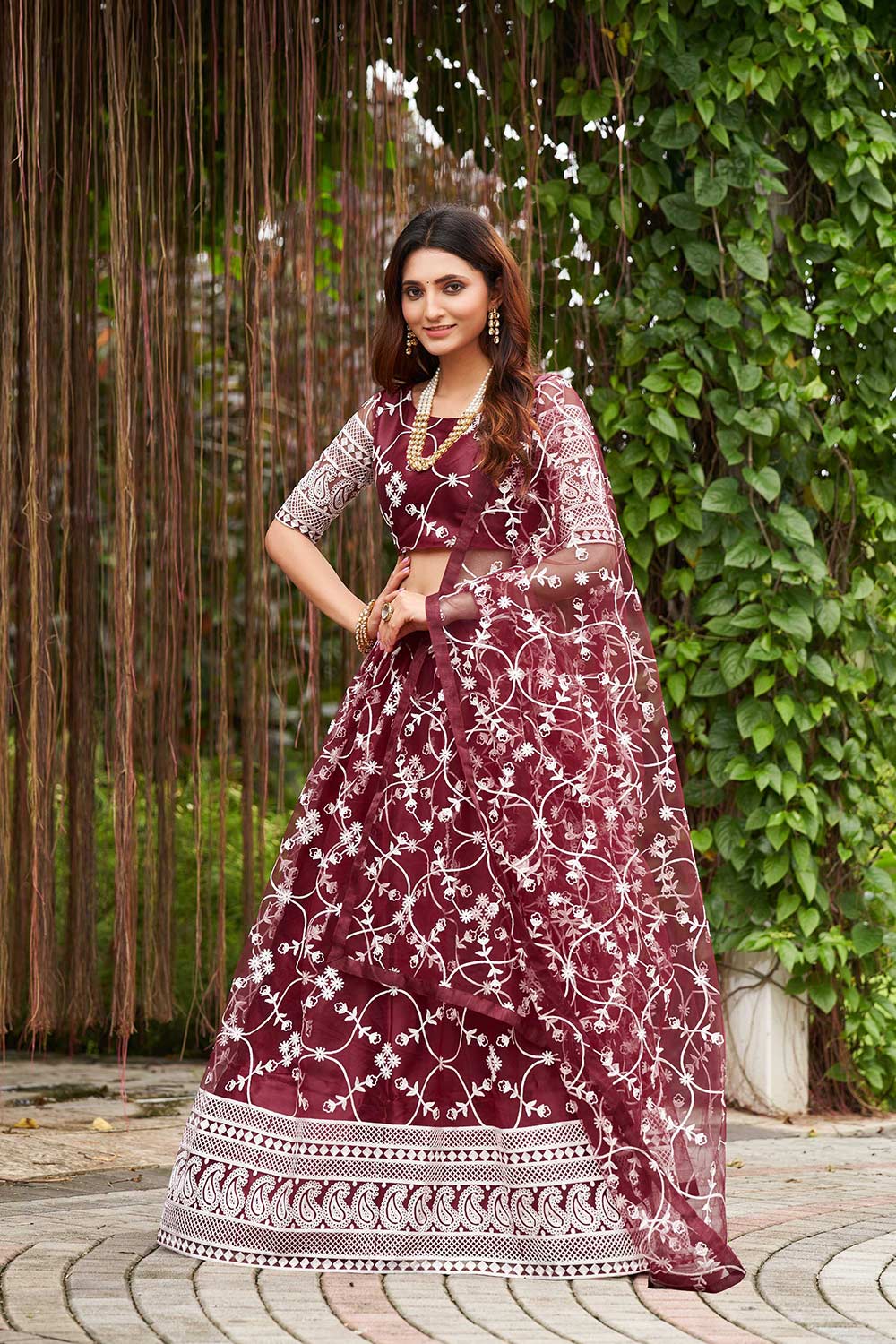 Maroon Net Embroidery Round Neck Lehenga