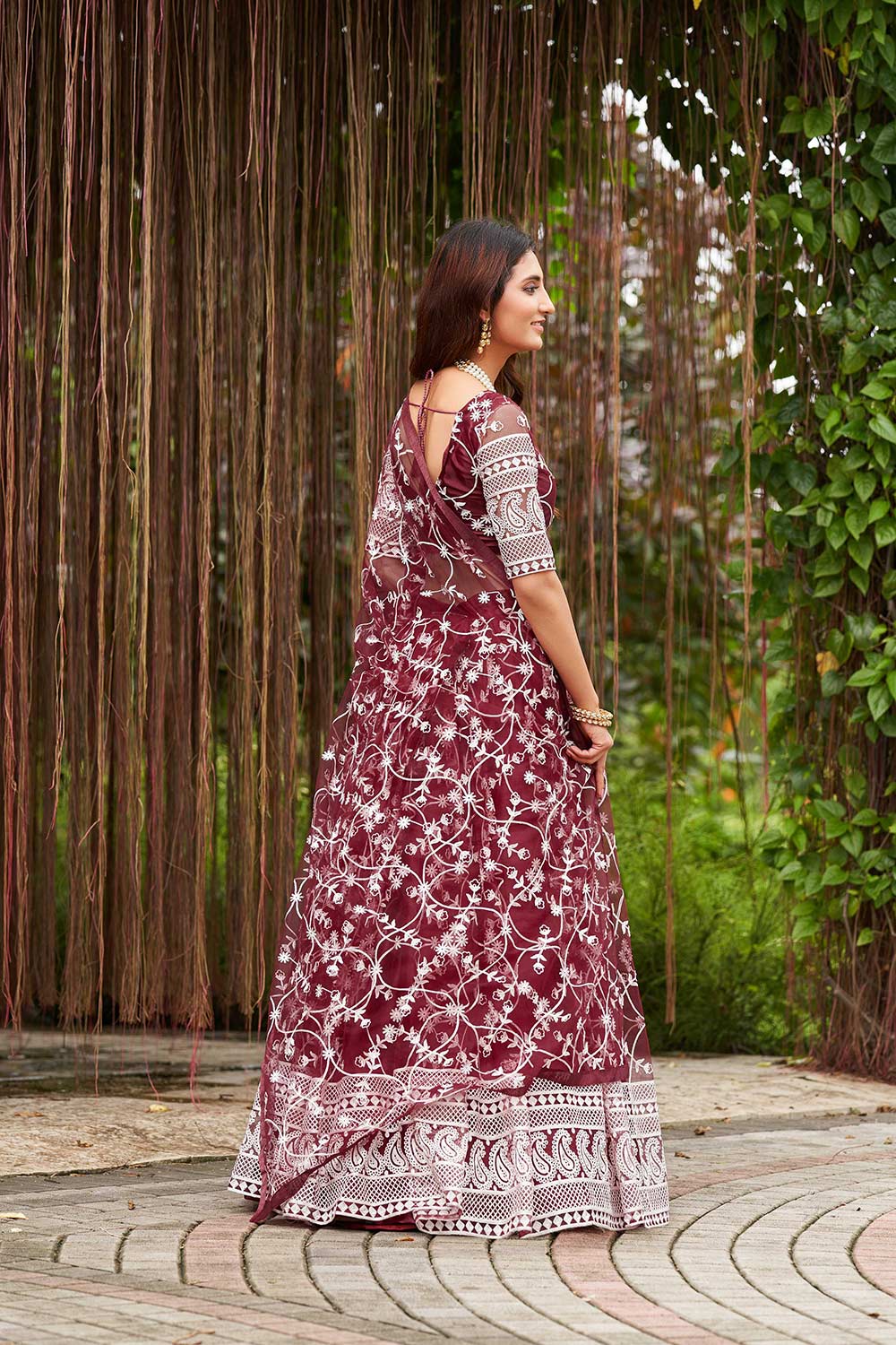 Maroon Net Embroidery Round Neck Lehenga