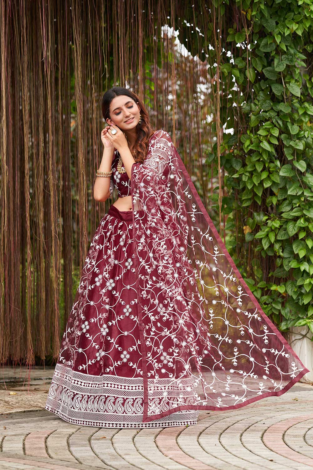 Maroon Net Embroidery Round Neck Lehenga