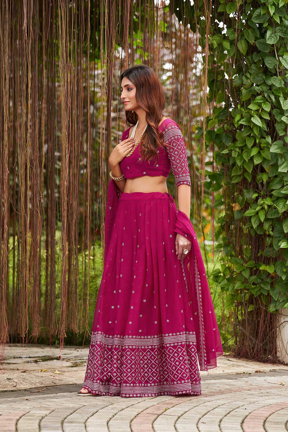 Pink Georgette Embroidery Round Neck Lehenga