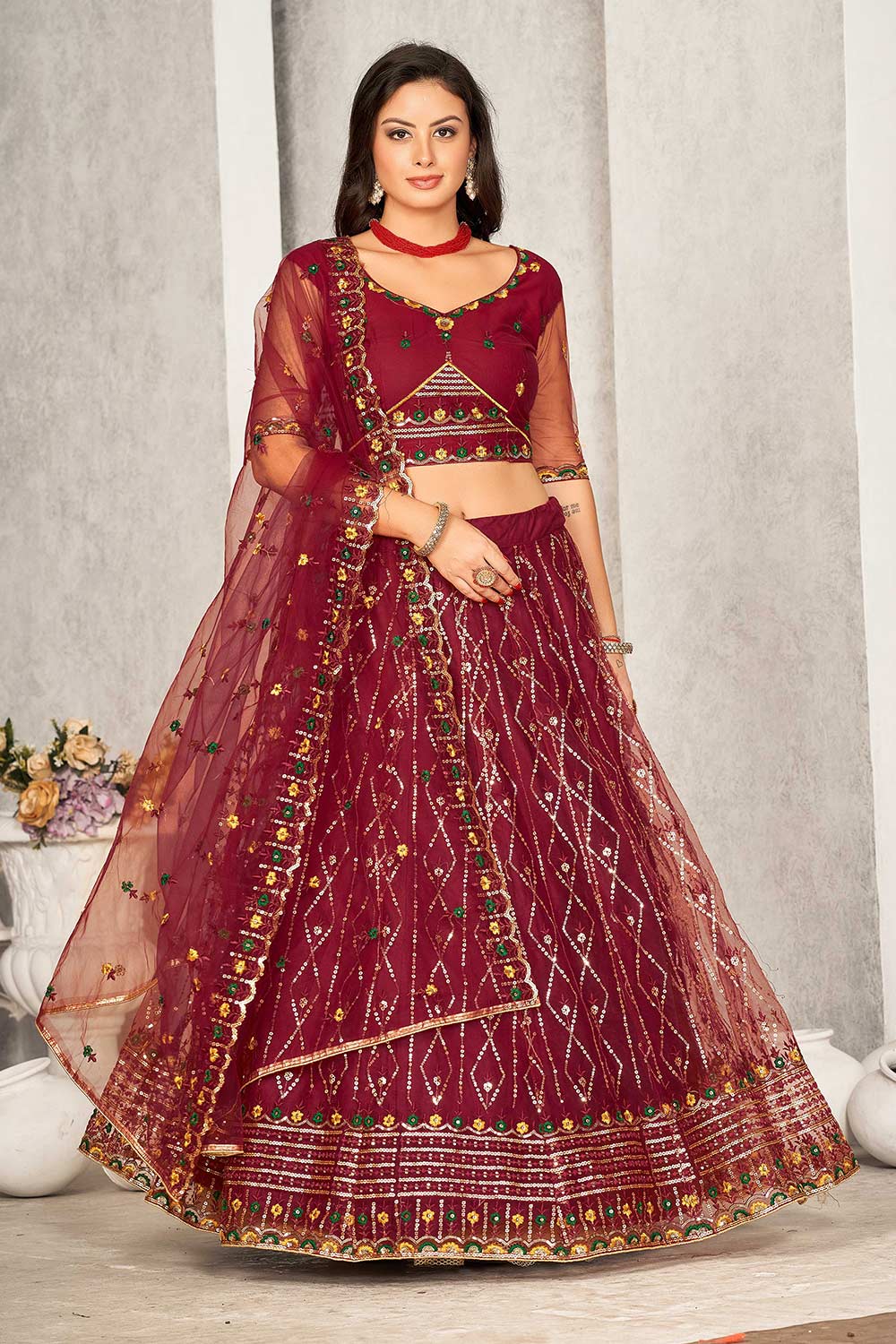 Maroon Net Embroidery Round Neck Lehenga