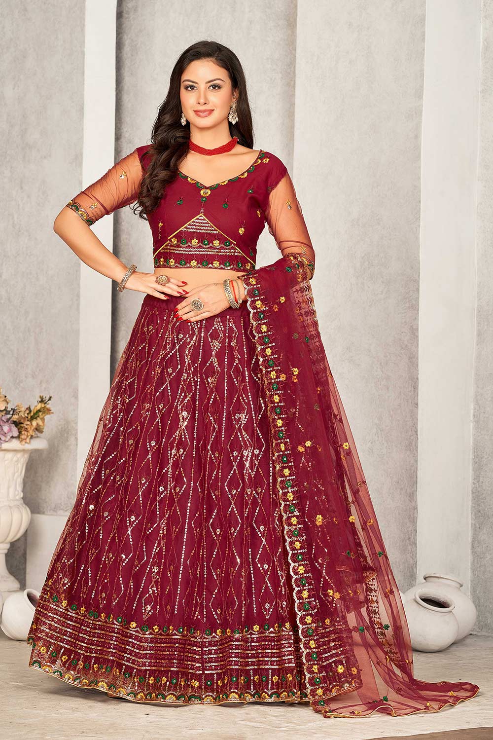 Maroon Net Embroidery Round Neck Lehenga