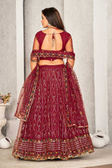 Maroon Net Embroidery Round Neck Lehenga