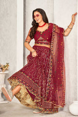 Maroon Net Embroidery Round Neck Lehenga