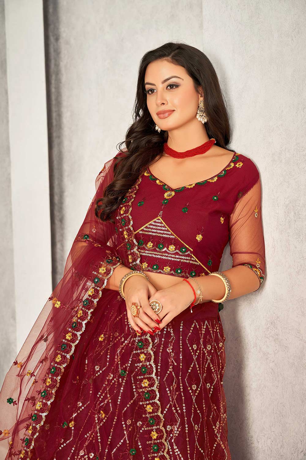 Maroon Net Embroidery Round Neck Lehenga