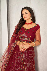 Maroon Net Embroidery Round Neck Lehenga