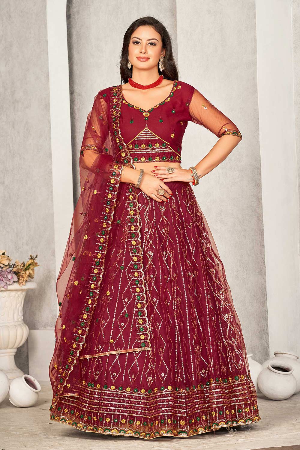 Maroon Net Embroidery Round Neck Lehenga