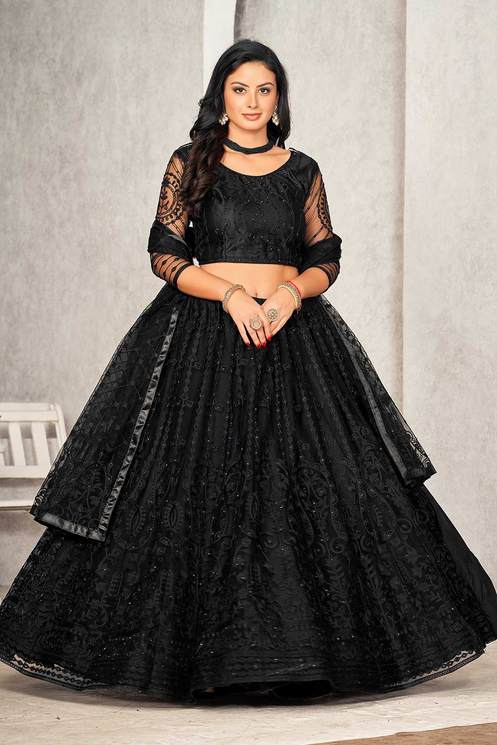 Black Net Embroidery Round Neck Lehenga