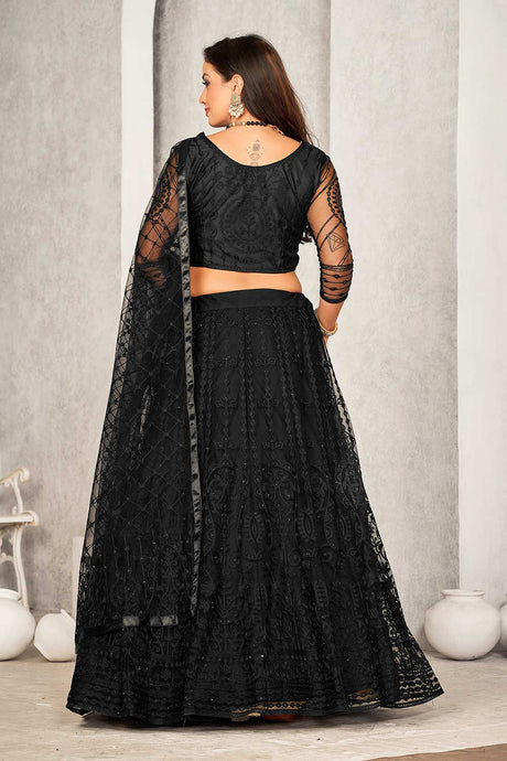 Black Net Embroidery Round Neck Lehenga