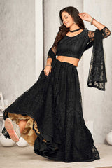 Black Net Embroidery Round Neck Lehenga