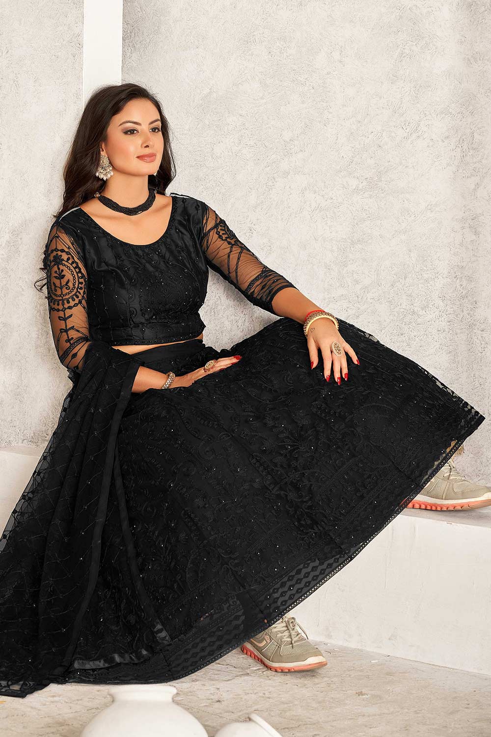 Black Net Embroidery Round Neck Lehenga