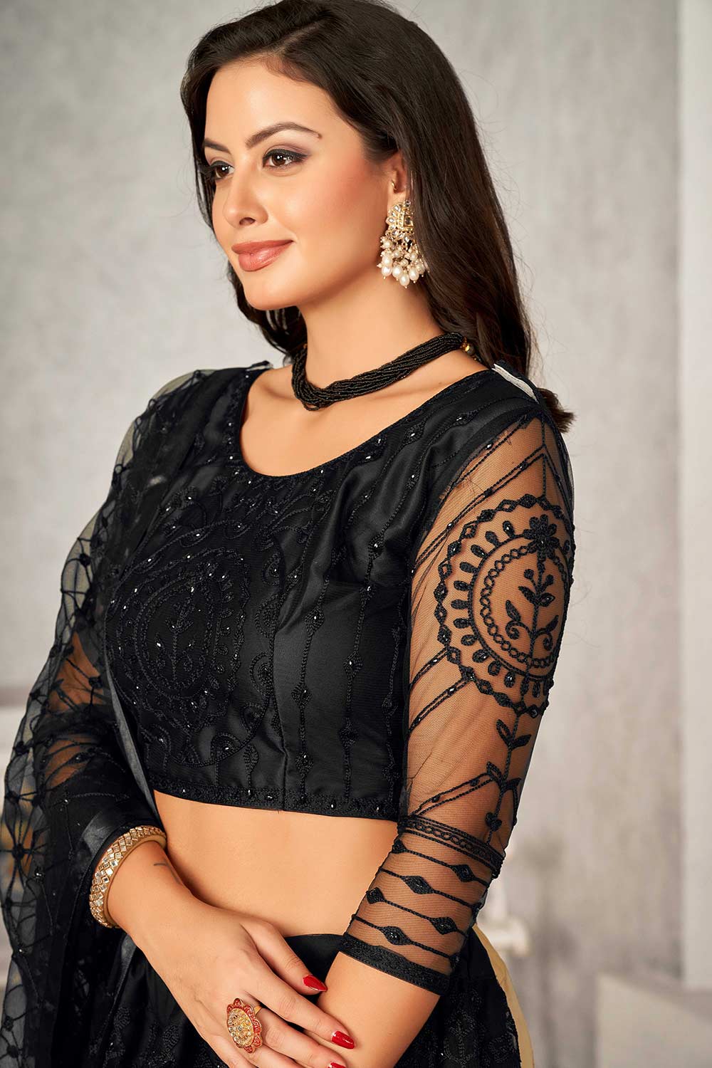 Black Net Embroidery Round Neck Lehenga