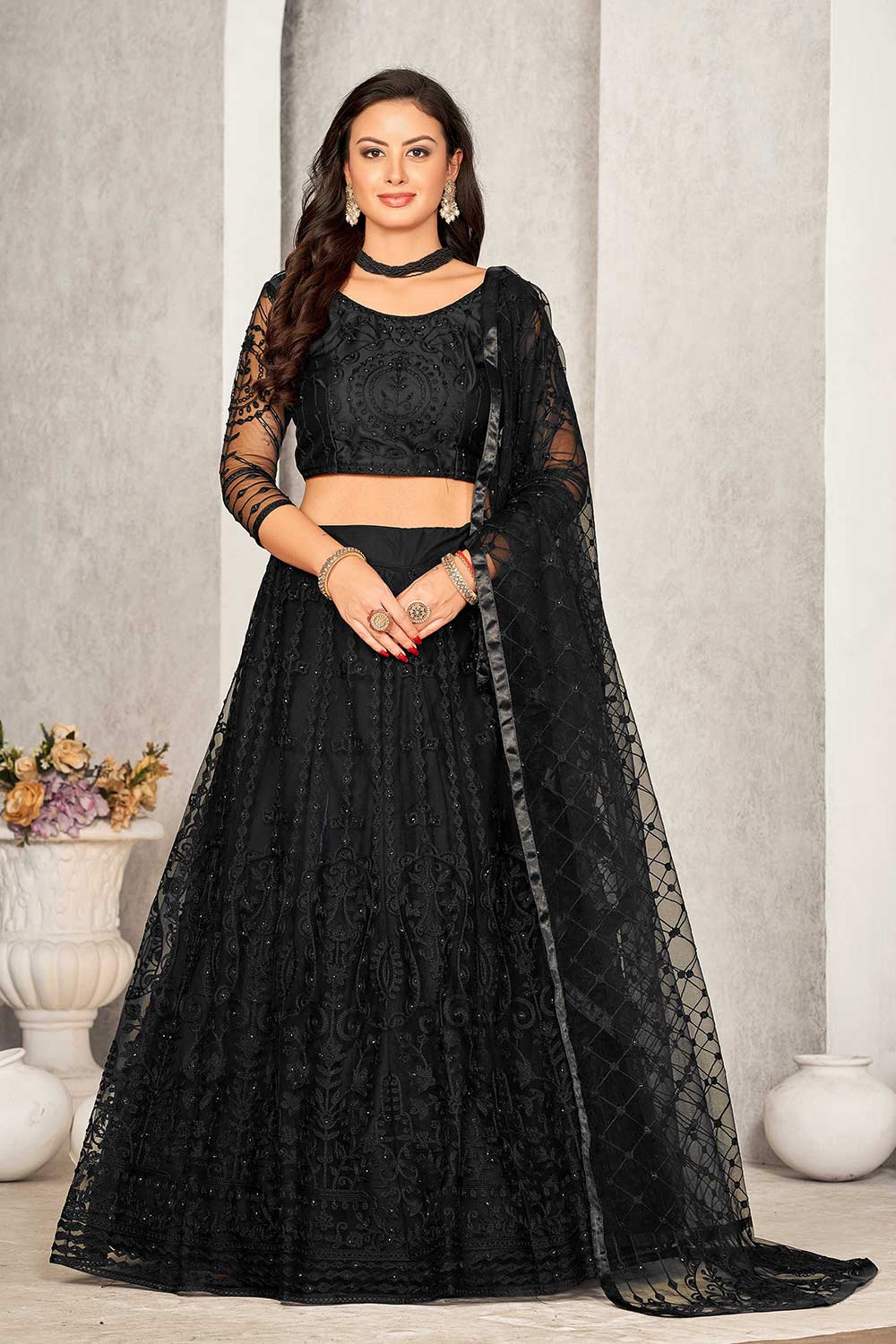 Black Net Embroidery Round Neck Lehenga