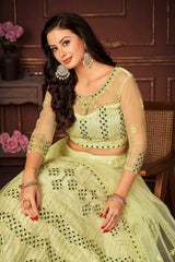 Yellow Net Embroidery Round Neck Lehenga